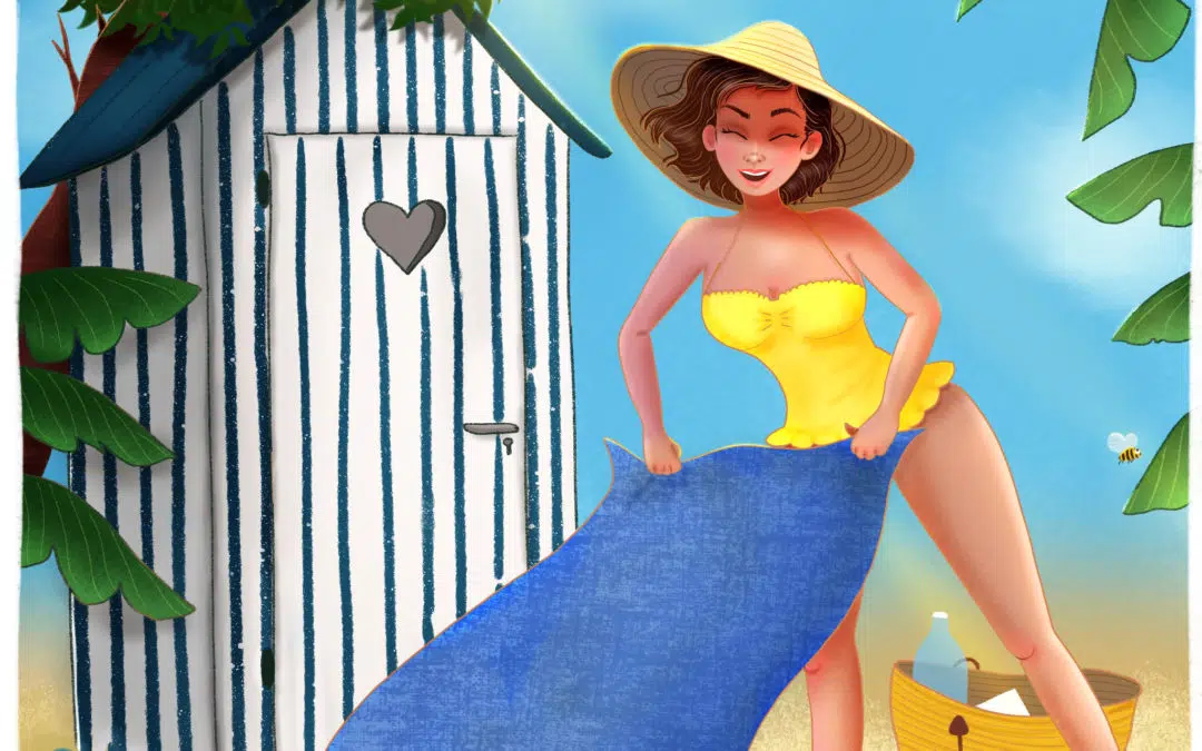 Petula Rocher illustratrice geneve Vaud suisse valais été Summer maillot de bain chapeau cabane de plage abeilles fleurs