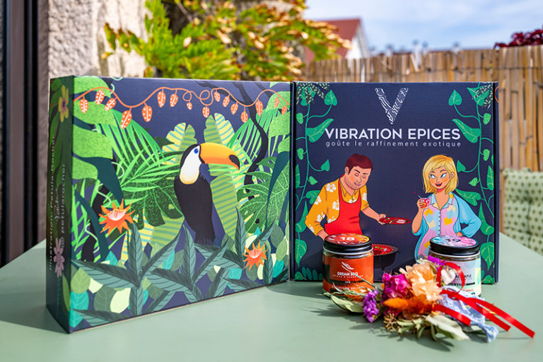 Packaging créé par Petula Rocher illustratrice Suisse pour Vibration Epices